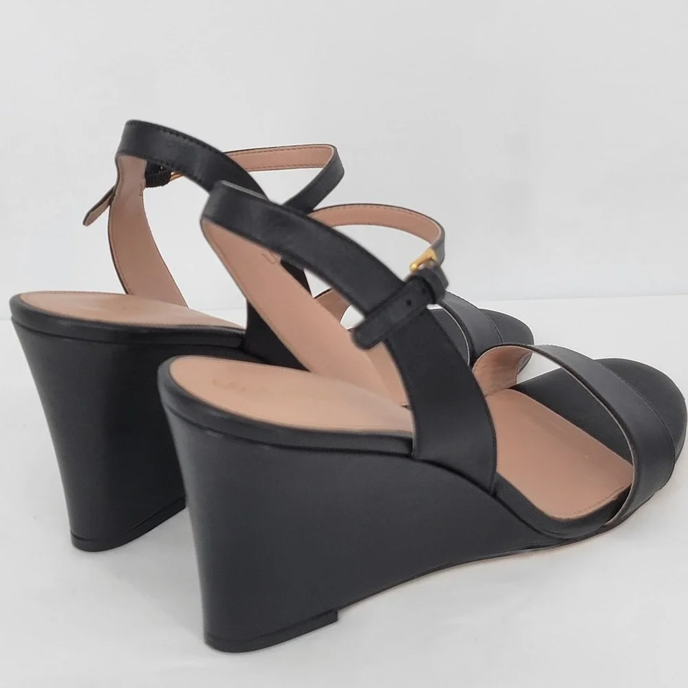 Cole Haan Grand 360 Black Leather Wedge Sandals Womens 10.5 B Ankle Strap Gold